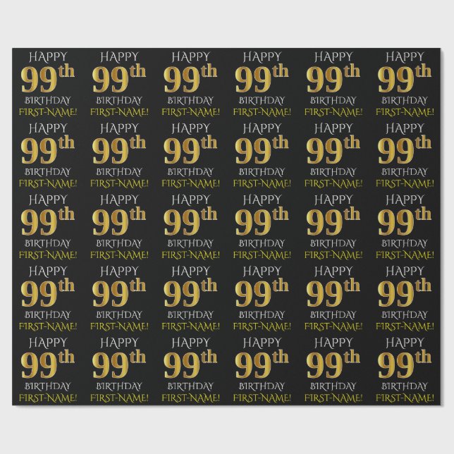 Schwarz, Imitate Gold "HAPPY 99. BIRTHDAY" Geschenkpapier (Flach)