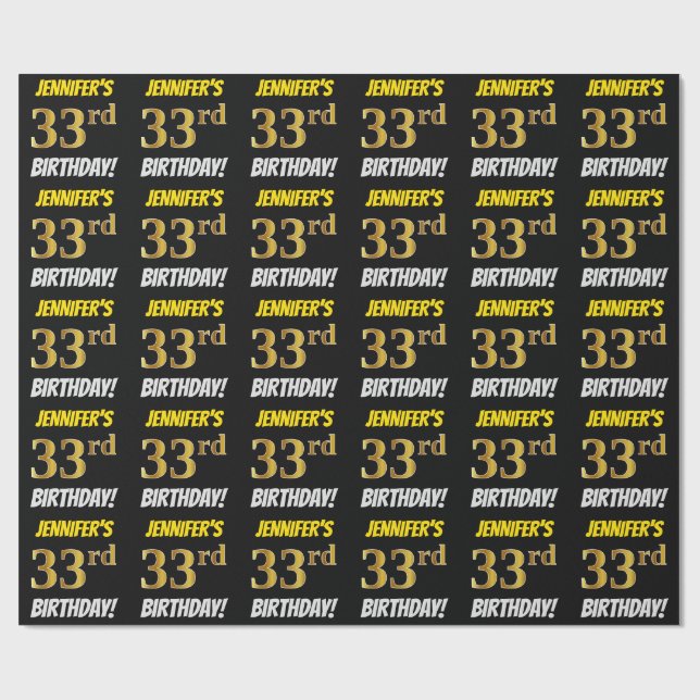 Schwarz, Imitate/Nachahmungs-Gold, "33. BIRTHDAY" Geschenkpapier (Flach)
