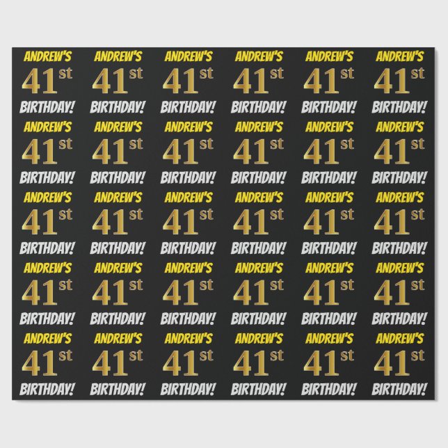 Schwarz, Imitate/Nachahmungs-Gold, "41. BIRTHTAG" Geschenkpapier (Flach)