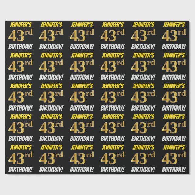 Schwarz, Imitate/Nachahmungs-Gold, "43. BIRTHDAY" Geschenkpapier (Flach)