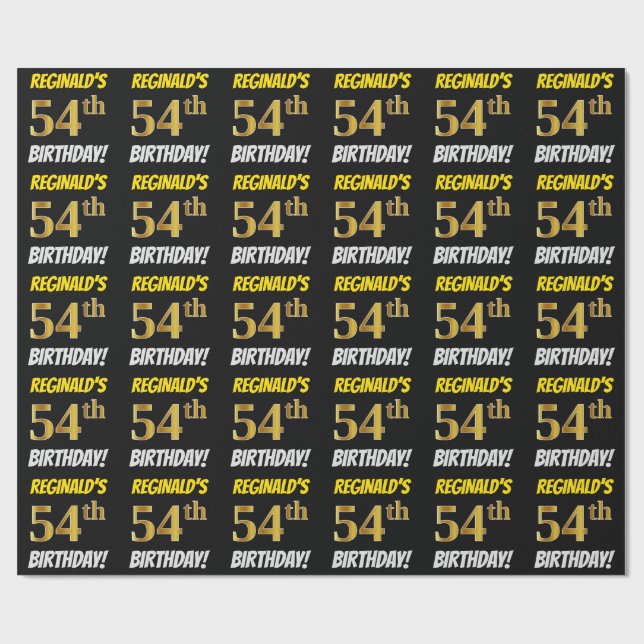 Schwarz, Imitate/Nachahmungs-Gold, "54. BIRTHDAY" Geschenkpapier (Flach)
