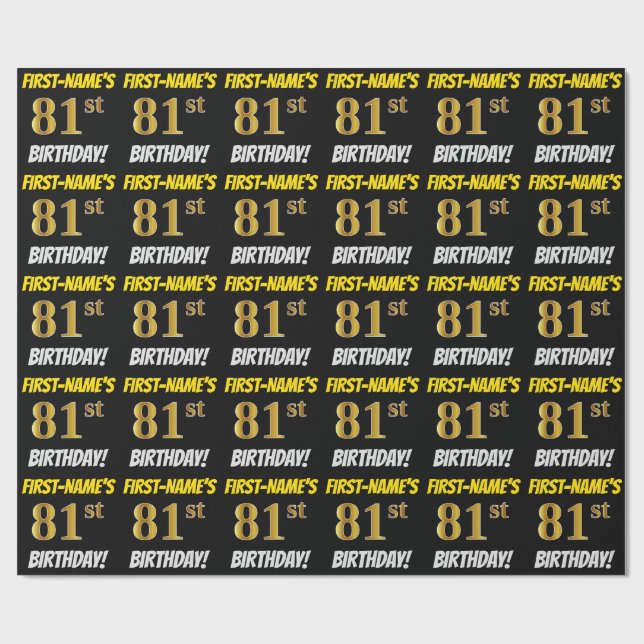 Schwarz, Imitate/Nachahmungs-Gold, "81. BIRTHDAY" Geschenkpapier (Flach)