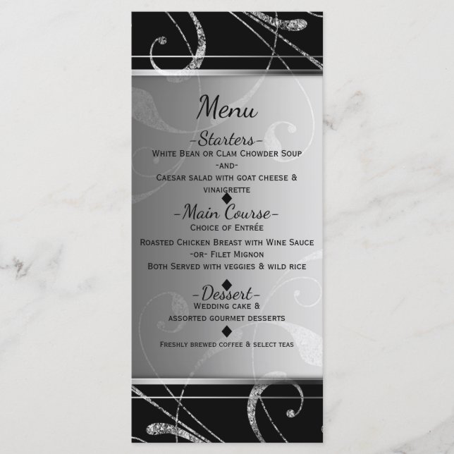 Schwarz & Imitate Silver Floral Swirl Elegantes Me Menükarte (Vorderseite)
