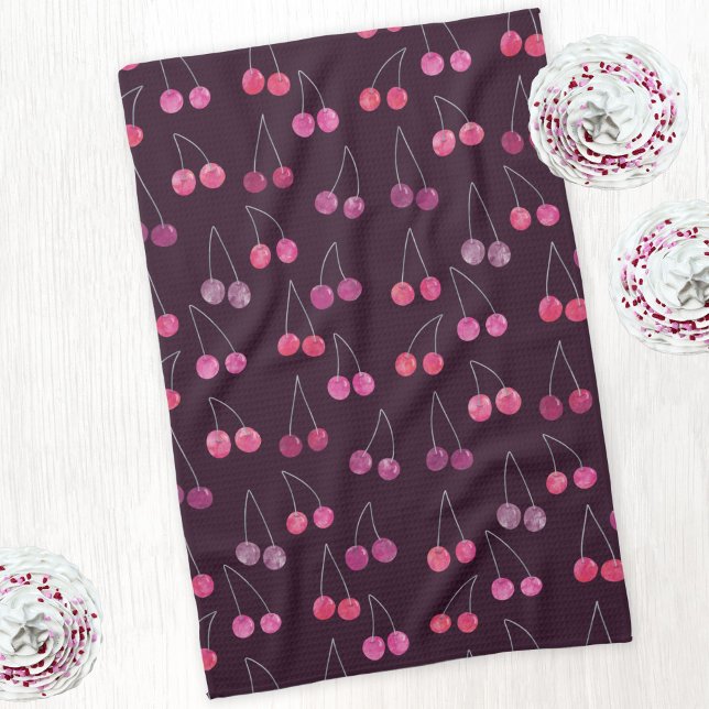 Schwarz-kirschrotes Wasserfarbmuster Geschirrtuch (Watercolor black cherries pattern kitchen tea towel)