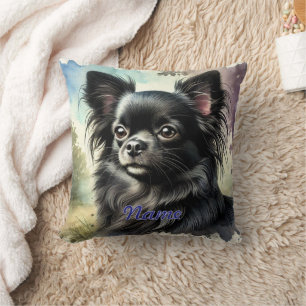 Schwarz Langhaar Chihuahua in Aquarell Kissen