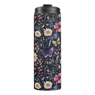 Schwarz Lila Gelb Rosa Blumen Schmetterlinge Thermosbecher