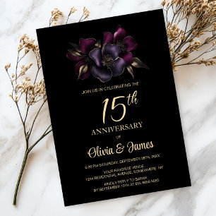 Schwarz Lila Pink Floral 15 Jahre Jubiläum Einladung