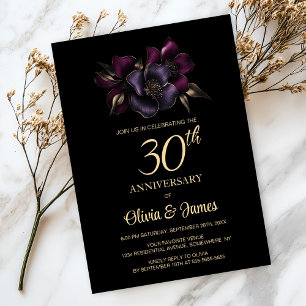 Schwarz Lila Pink Floral 30 Jahre Jubiläum Einladung