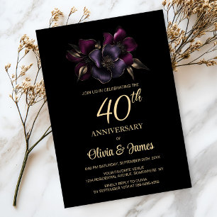 Schwarz Lila Pink Floral 40 Jahre Jubiläum Einladung