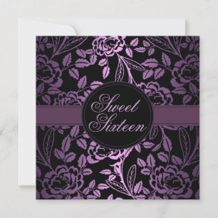 Schwarz/Lila Rose Design Geburtstag Einladung