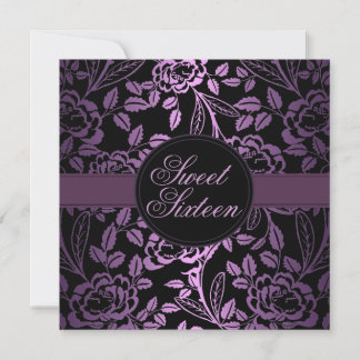 Schwarz/Lila Rose Design Geburtstag Einladung