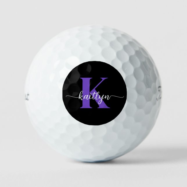 Schwarz-Lila-Script-Monogramm Golfball (Vorderseite)