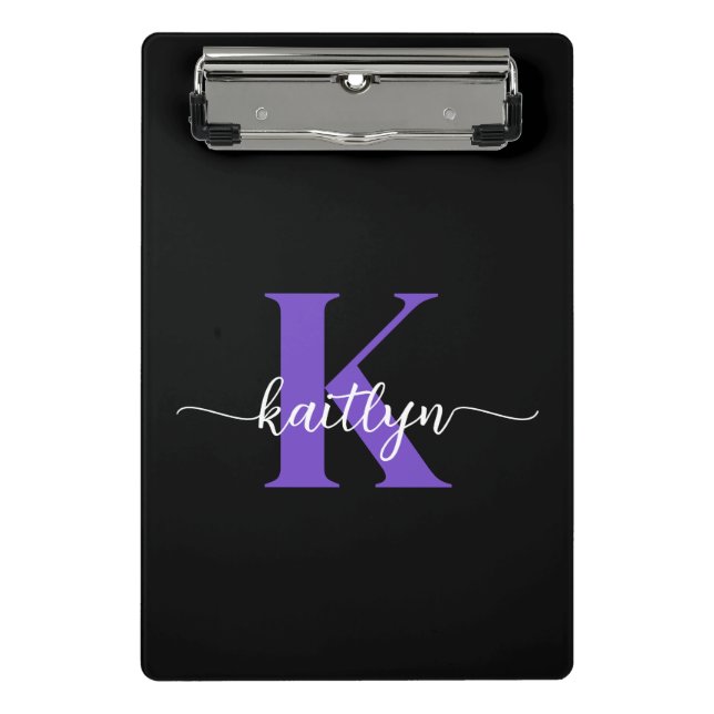 Schwarz-Lila-Script-Monogramm Mini Klemmbrett (Vorderseite)