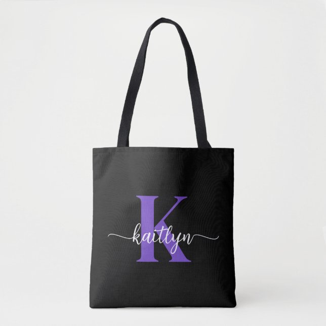 Schwarz-Lila-Script-Monogramm Tasche (Vorderseite)