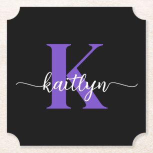 Schwarz-Lila-Script-Monogramm Untersetzer