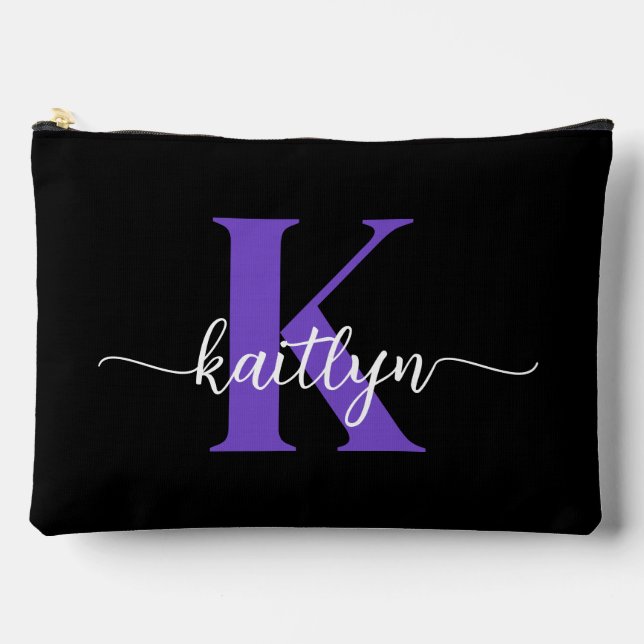 Schwarz-Lila-Script-Monogramm Zubehörtasche (Vorderseite)