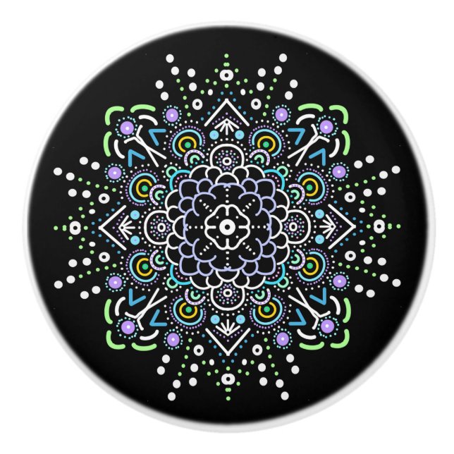 Schwarz, Lila und Grün Mandala Keramikknauf (Vorderseite)