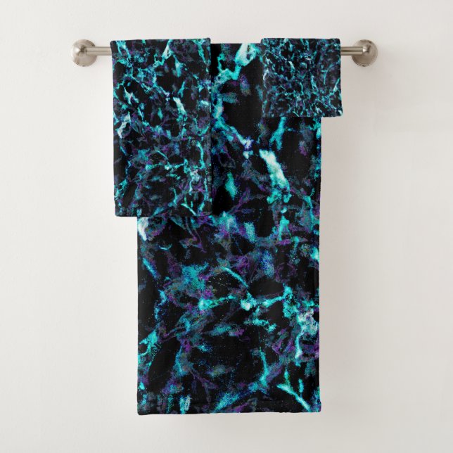 Schwarz Lila und schockierend Electric Aqua Blue Badhandtuch Set (Insitu)