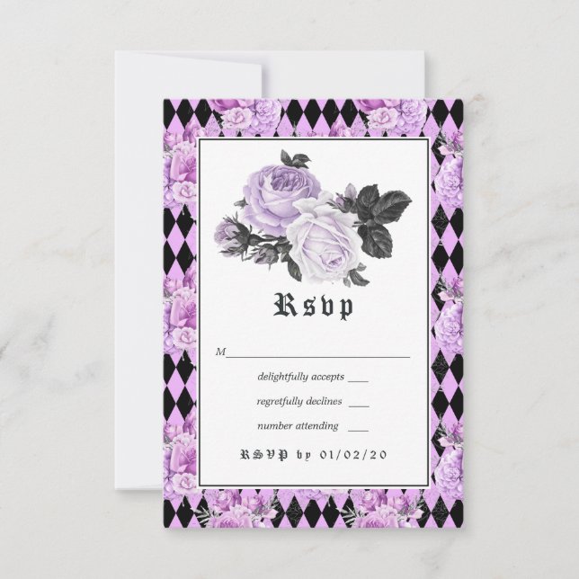 Schwarz-Lila und silberfarbene Hochzeit RSVP Karte (Vorderseite)
