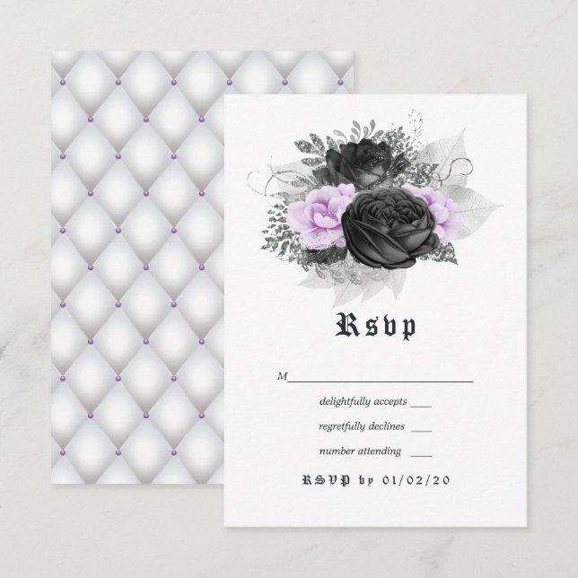 Schwarz-Lila und silberfarbene Hochzeit RSVP Karte (Vorne/Hinten)