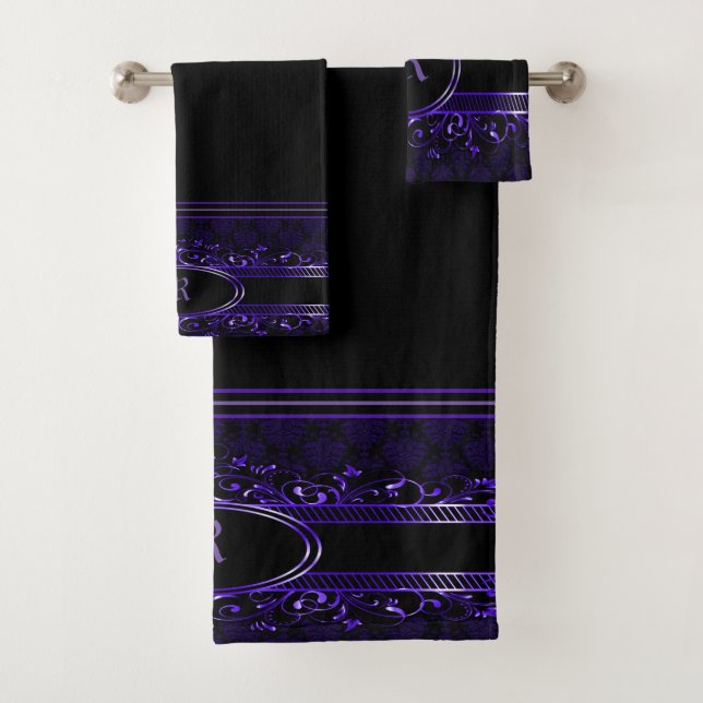 Schwarz & Lila Verziert Gothic Mit Monogramm Badhandtuch Set (Insitu)