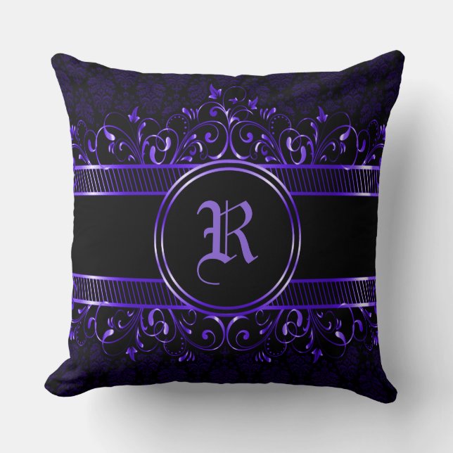 Schwarz & Lila Verziert Gothic Mit Monogramm Kissen (Vorderseite)