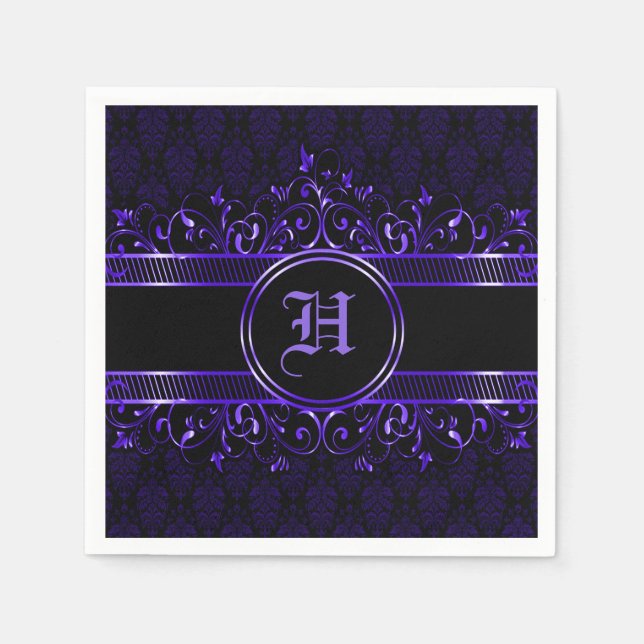 Schwarz & Lila Verziert Gothic Mit Monogramm Serviette (Vorderseite)