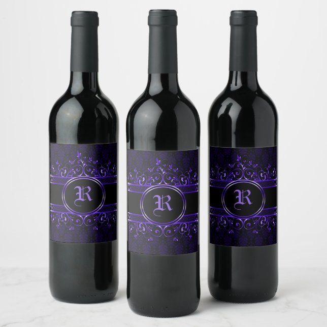 Schwarz & Lila Verziert Gothic Mit Monogramm Weinetikett (Flaschen)
