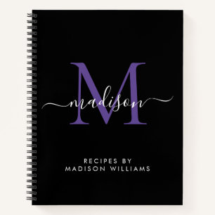 Schwarz Lila Violet Monogram Script Name Rezept Notizbuch