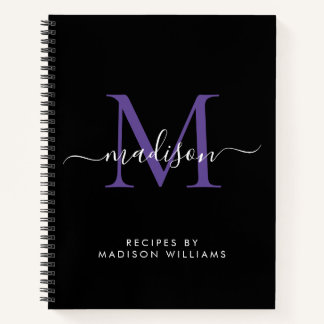 Schwarz Lila Violet Monogram Script Name Rezept Notizbuch
