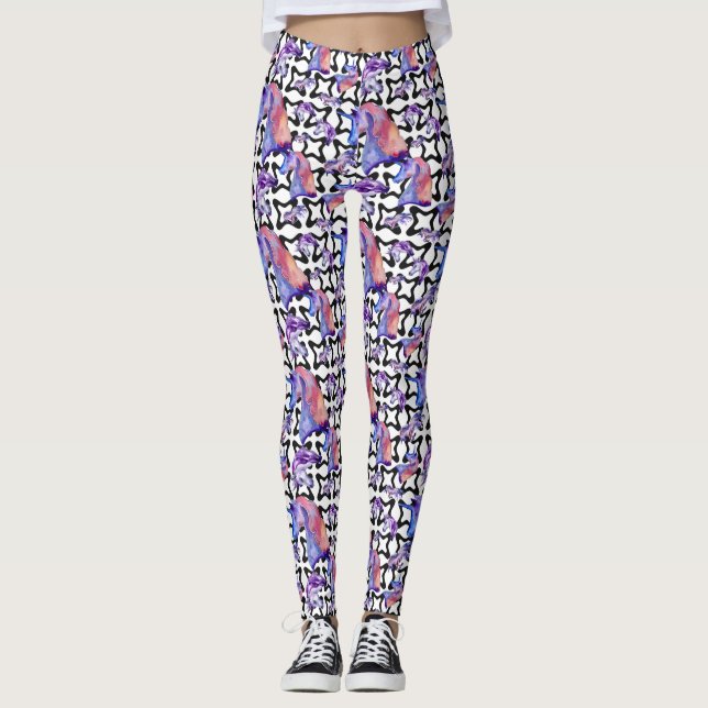 Schwarz/Lila Wasserfarbe Einhornfarben Leggings (Vorderseite)