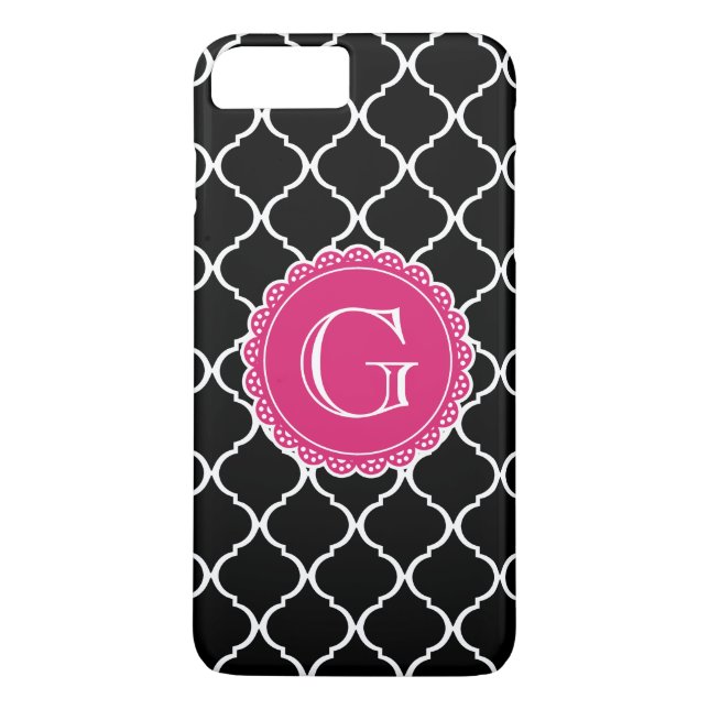 Schwarz-Marokkanisches Gittermuster Hot-Pink-Monog Case-Mate iPhone Hülle (Rückseite)