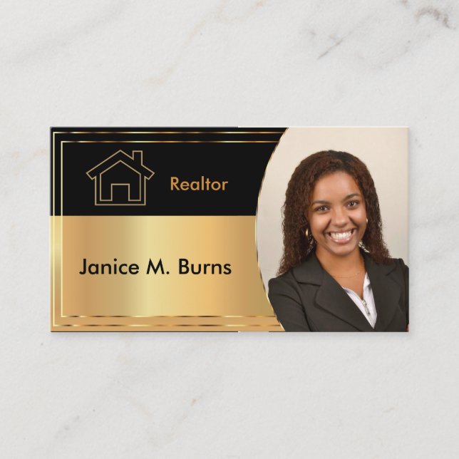 Schwarz-Metall-Gold-Realtor-Foto-Design Visitenkarte (Vorderseite)