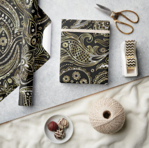Schwarz & Metallic Silber & Gold Blumenpaisley Geschenkpapier