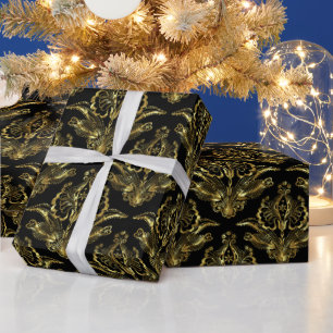 Schwarz & Metallisches Gold-Look BlumenDamaskus-Mu Geschenkpapier