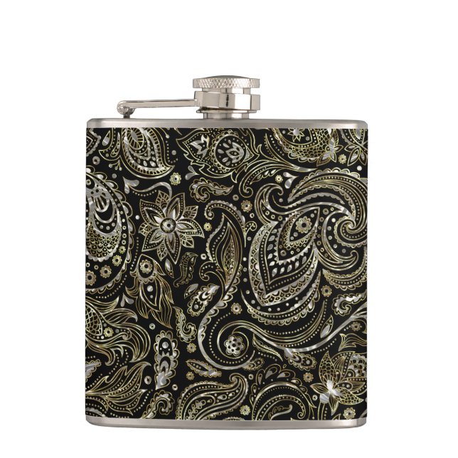 Schwarz & Metallisches Silber mit goldenem Floral  Flachmann (Vorderseite)