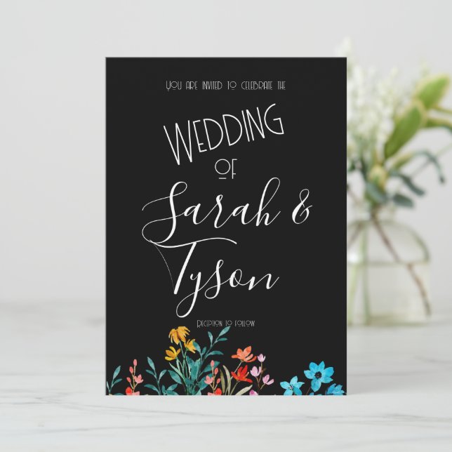 Schwarz-Minimalistisch-Flora-Hochzeitsempfang mit Einladung (Stehend Vorderseite)