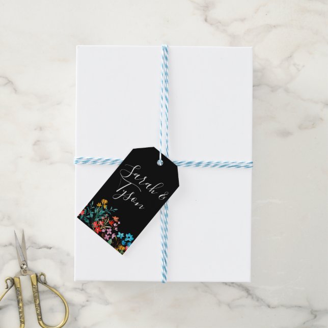 Schwarz-Minimalistisch-Flora-Hochzeitsempfang mit Geschenkanhänger (Mit Garn)