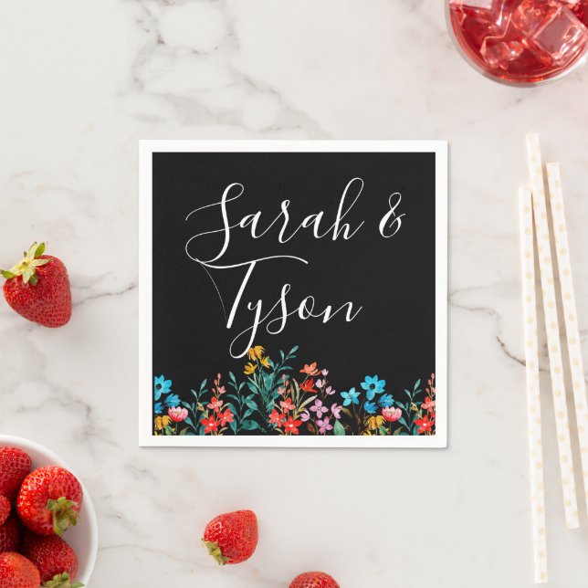Schwarz-Minimalistisch-Flora-Hochzeitsempfang mit Serviette (Beispiel)