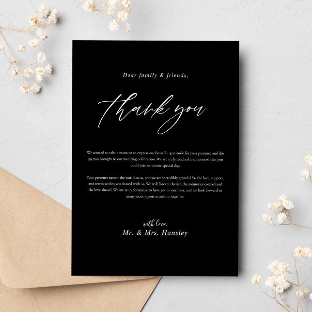 Schwarz-Minimalistisch-Moderne Kalligrafie-Hochzei Dankeskarte (Black Minimalist Modern Calligraphy Wedding Thank You Card)