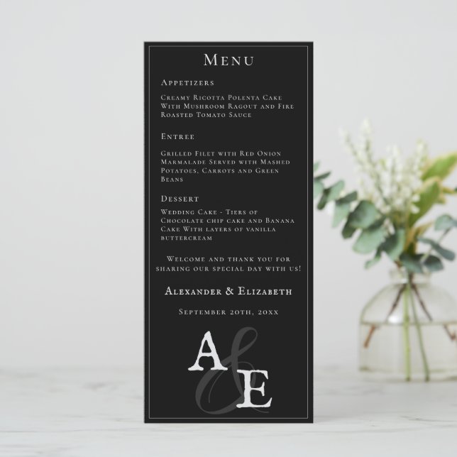 Schwarz-Minimalistisch-Monogramm-Hochzeit Menükarte (Stehend Vorderseite)