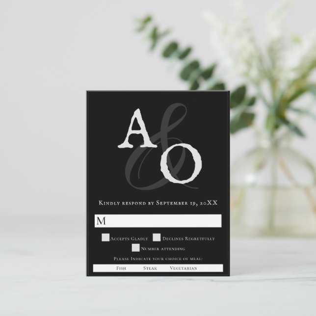 Schwarz-Minimalistisch-Monogramm-Hochzeit RSVP Karte (Stehend Vorderseite)