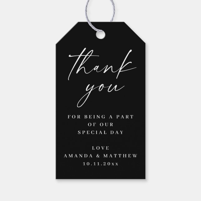 Schwarz Minimalistische Hochzeit danke. Elegantes  Geschenkanhänger (Vorderseite)