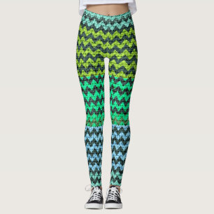Schwarz Minze grün Zickzack Muster Burlap Look Leggings