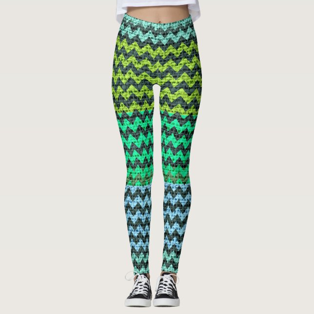 Schwarz Minze grün Zickzack Muster Burlap Look Leggings (Vorderseite)