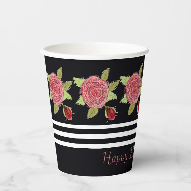 Schwarz mit Blumen Pappbecher (Vorderseite)