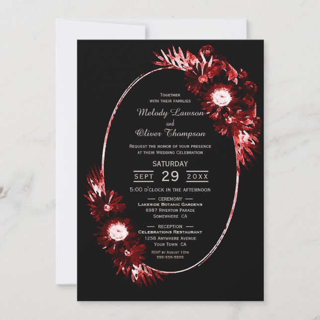 Schwarz mit Burgund-Rote-Flora-Hochzeit Einladung (Vorderseite)
