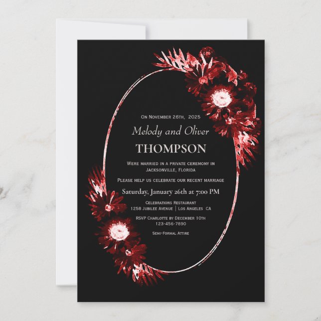 Schwarz mit burgundy Red Floral Hochzeitsempfang Einladung (Vorderseite)