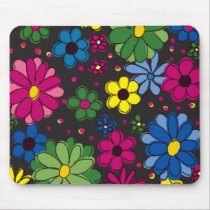 Schwarz mit farbenfrohen Blumen Mousepad