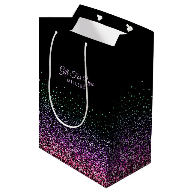 Schwarz mit farbenfroher Glitzer Akzent Mittlere Geschenktüte (Rückseite Schrägansicht)